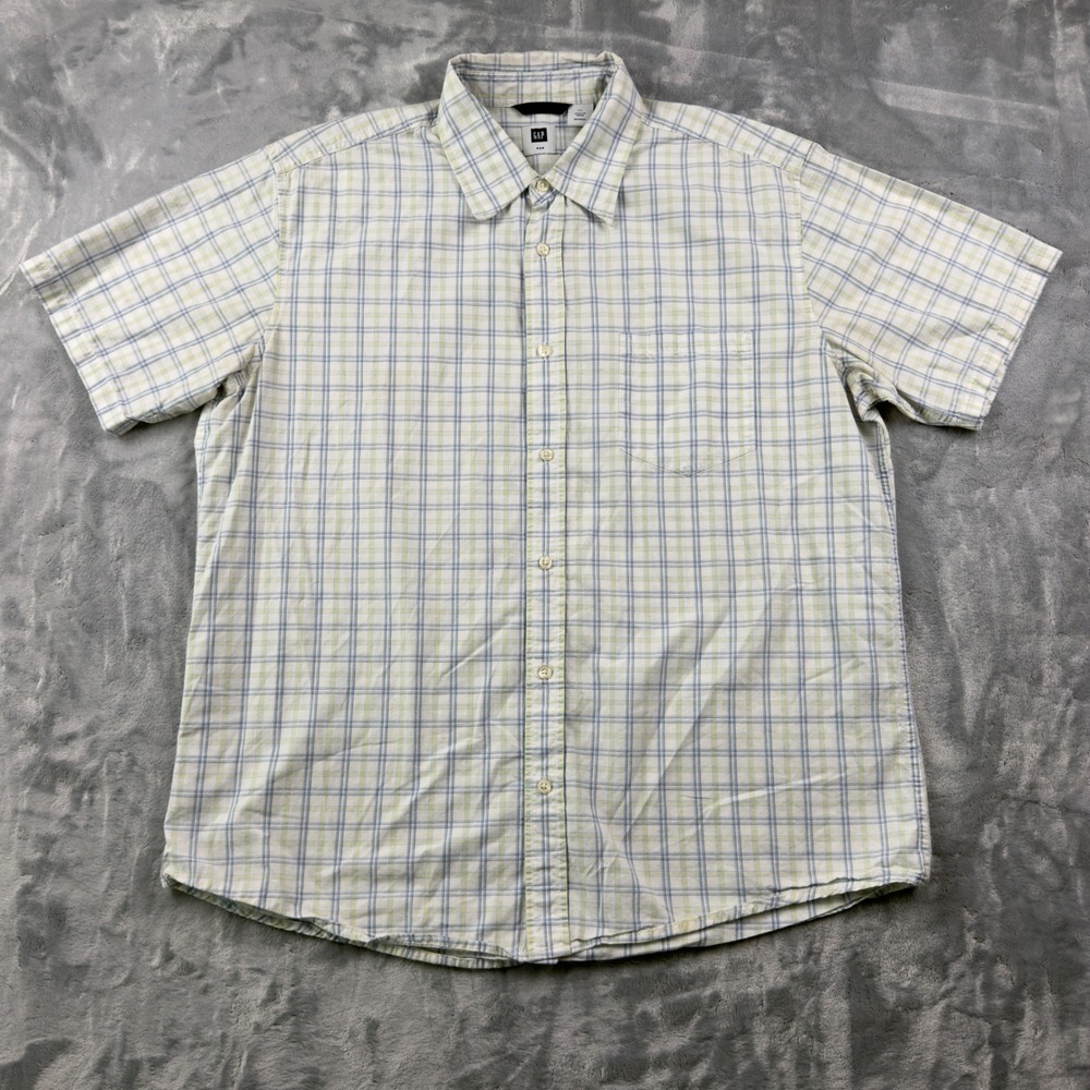 Gap Mens XL Short Sleeve Plaid Button Down Shirt Blue Green White 100% Cotton